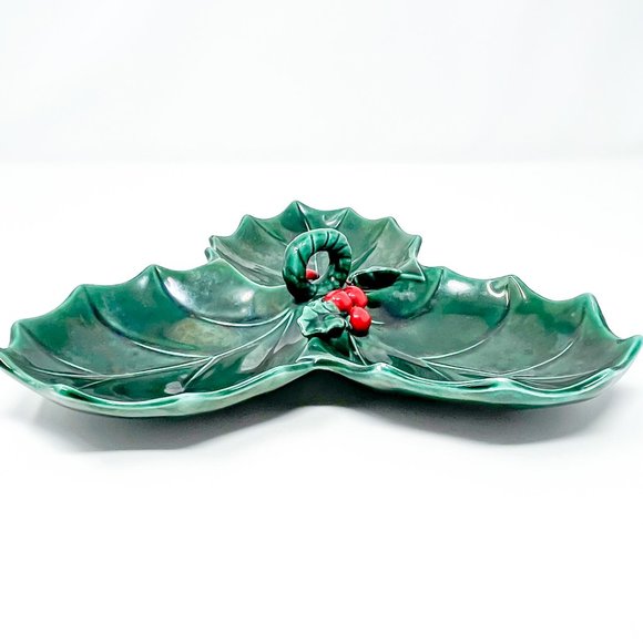 Vintage Lefton Relish Dish #1351 Christmas Green Holly Divided Handled MCM - Picture 2 of 6